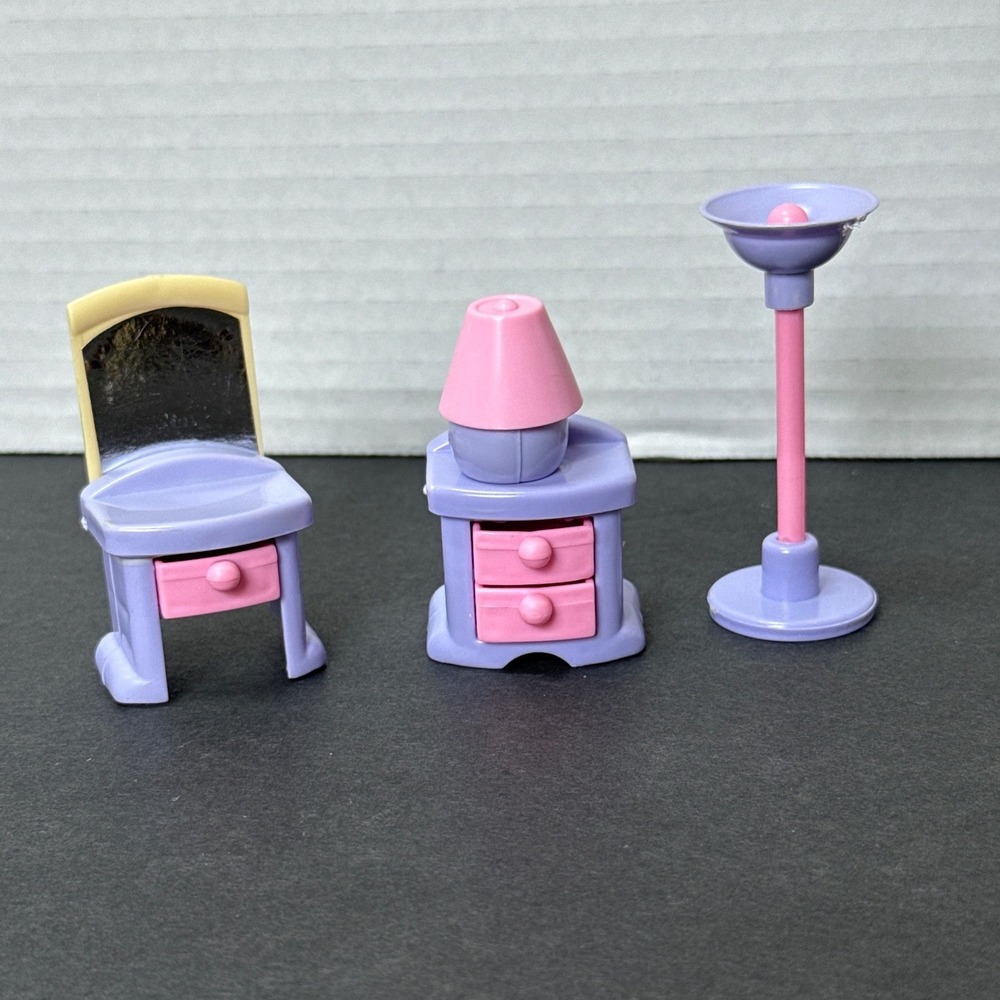 Vintage Purple Pink Dollhouse Furniture Set Vanity Nightstand Floor Lamp 3pc
